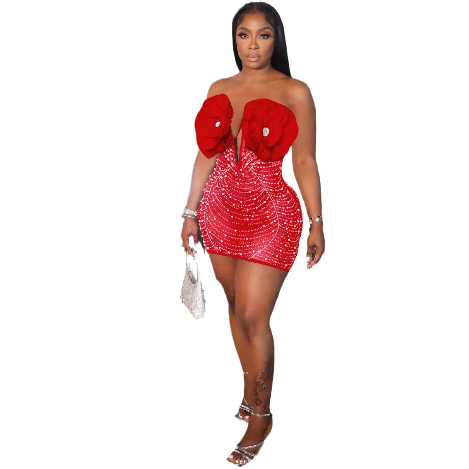 Sexy Rhinestone Pearl Deep V Plunge Floral Elastic Slim Fit Dress